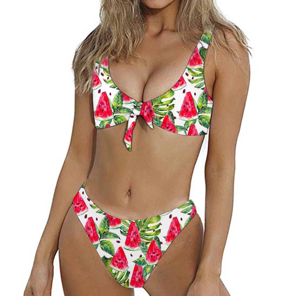 White Tropical Watermelon Pattern Print Front Bow Tie Bikini