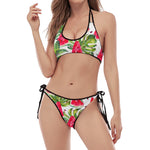 White Tropical Watermelon Pattern Print Halter Scoop Tie Side Bikini