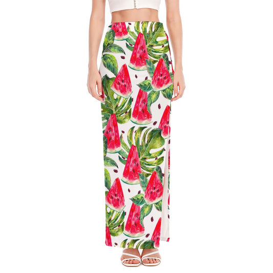 White Tropical Watermelon Pattern Print High Slit Maxi Skirt