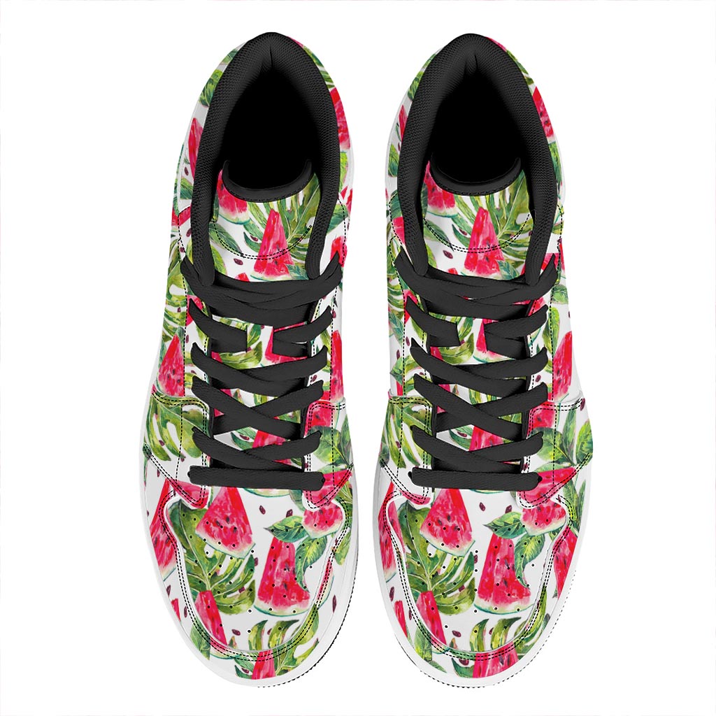 White Tropical Watermelon Pattern Print High Top Leather Sneakers