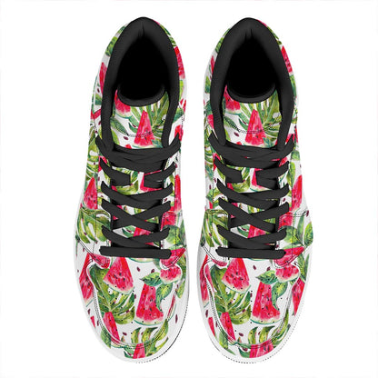 White Tropical Watermelon Pattern Print High Top Leather Sneakers