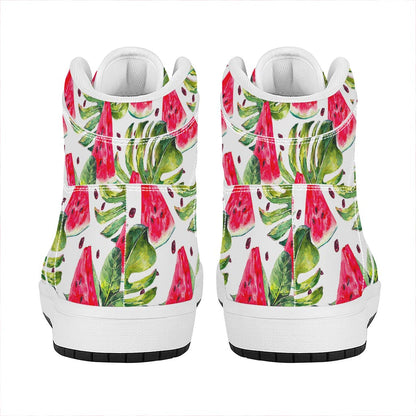 White Tropical Watermelon Pattern Print High Top Leather Sneakers