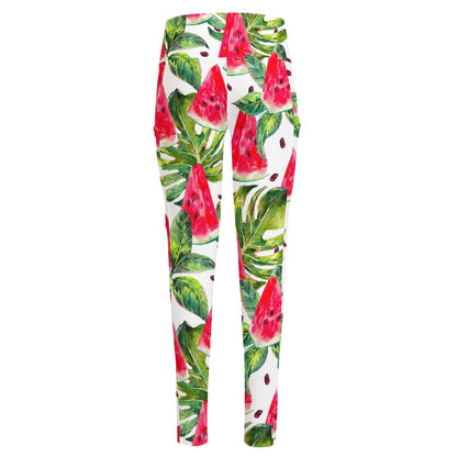 White Tropical Watermelon Pattern Print High-Waisted Pocket Leggings