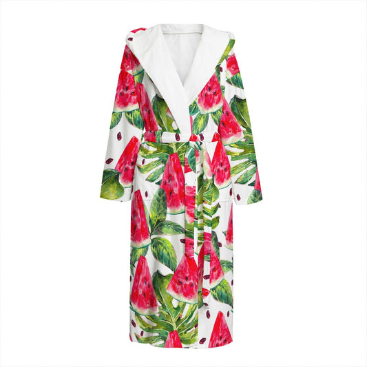 White Tropical Watermelon Pattern Print Hooded Bathrobe