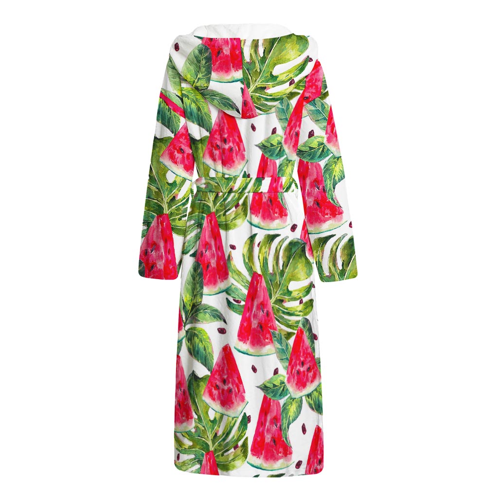 White Tropical Watermelon Pattern Print Hooded Bathrobe