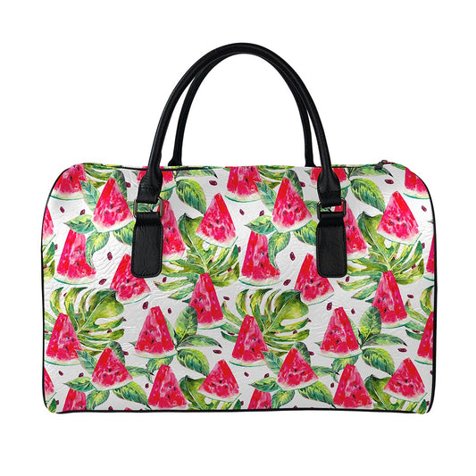 White Tropical Watermelon Pattern Print Leather Duffle Bag