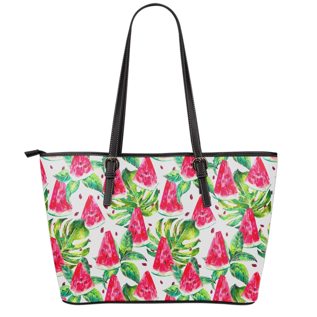 White Tropical Watermelon Pattern Print Leather Tote Bag