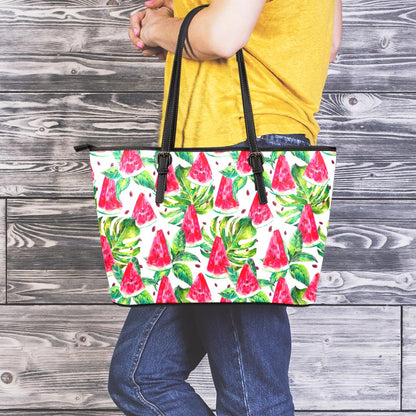 White Tropical Watermelon Pattern Print Leather Tote Bag
