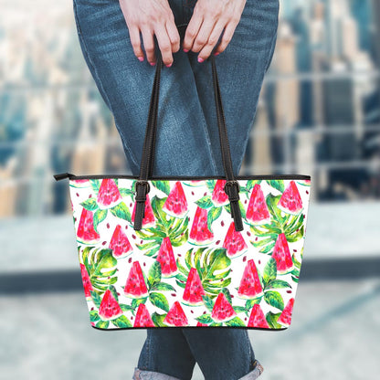 White Tropical Watermelon Pattern Print Leather Tote Bag