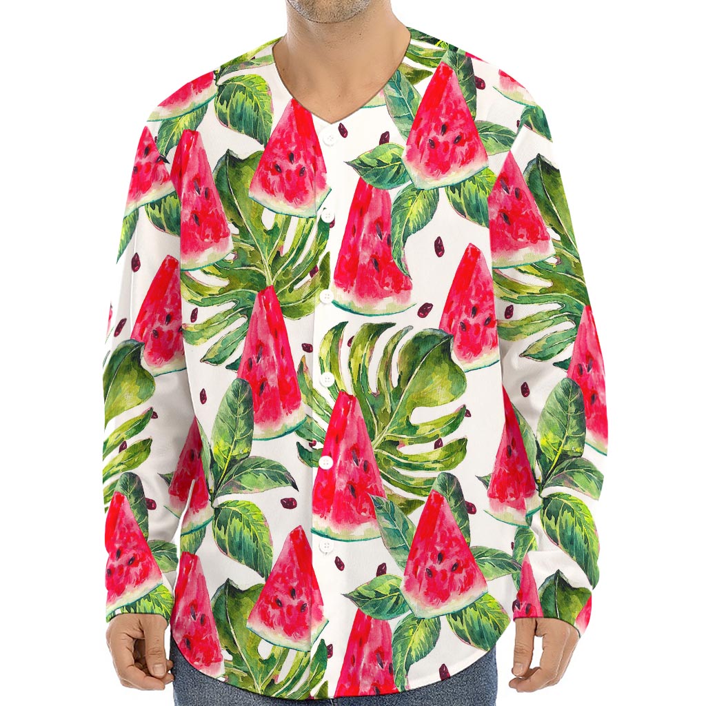 White Tropical Watermelon Pattern Print Long Sleeve Baseball Jersey