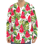 White Tropical Watermelon Pattern Print Long Sleeve Baseball Jersey