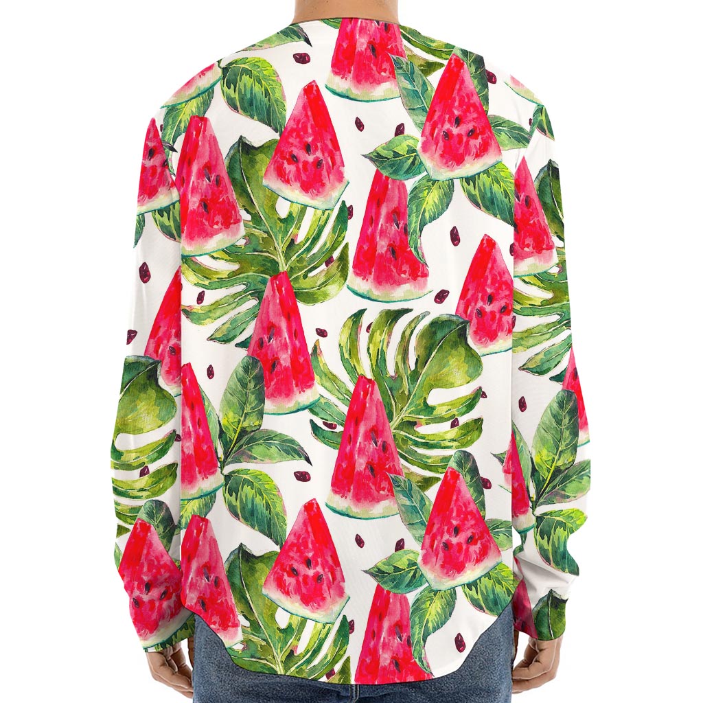 White Tropical Watermelon Pattern Print Long Sleeve Baseball Jersey