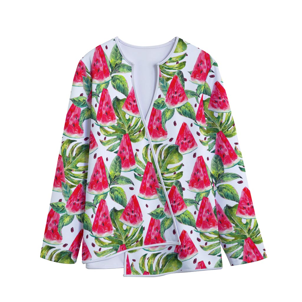 White Tropical Watermelon Pattern Print Long Sleeve Short Coat
