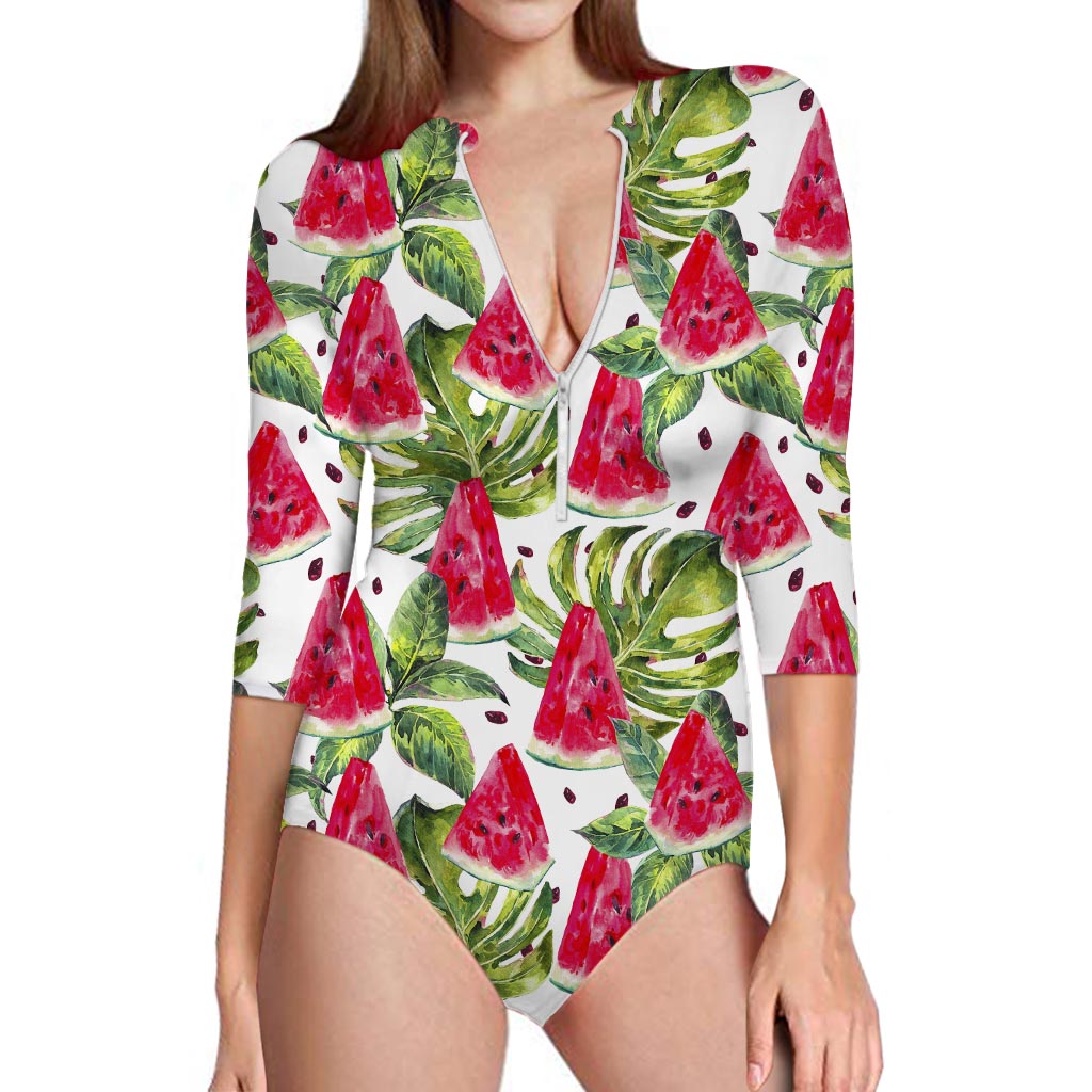 White Tropical Watermelon Pattern Print Long Sleeve Swimsuit