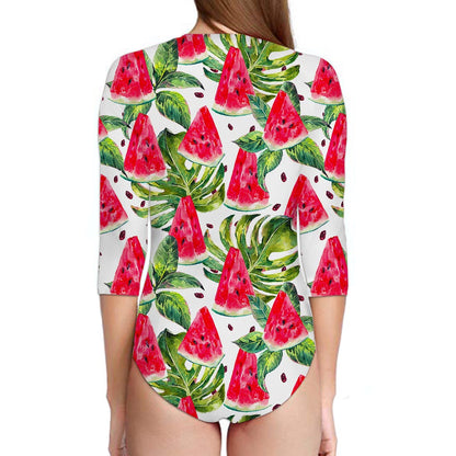 White Tropical Watermelon Pattern Print Long Sleeve Swimsuit