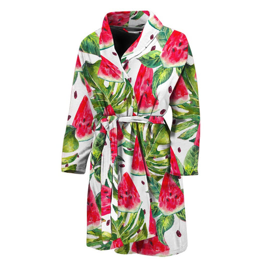 White Tropical Watermelon Pattern Print Men's Bathrobe