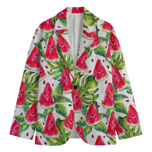 White Tropical Watermelon Pattern Print Men's Cotton Blazer