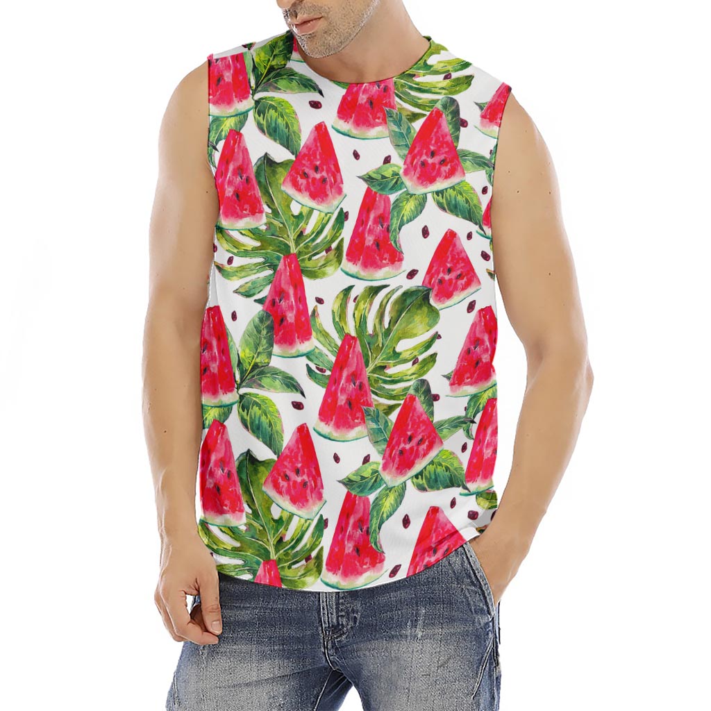White Tropical Watermelon Pattern Print Men's Fitness Tank Top