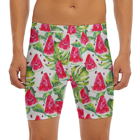 White Tropical Watermelon Pattern Print Men's Long Boxer Briefs
