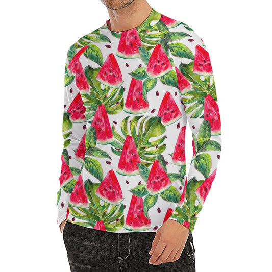 White Tropical Watermelon Pattern Print Men's Long Sleeve Rash Guard