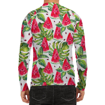White Tropical Watermelon Pattern Print Men's Long Sleeve Rash Guard