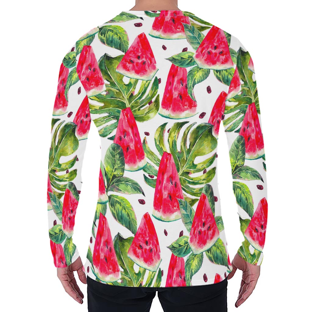White Tropical Watermelon Pattern Print Men's Long Sleeve T-Shirt