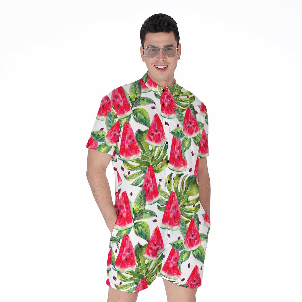 White Tropical Watermelon Pattern Print Men's Rompers