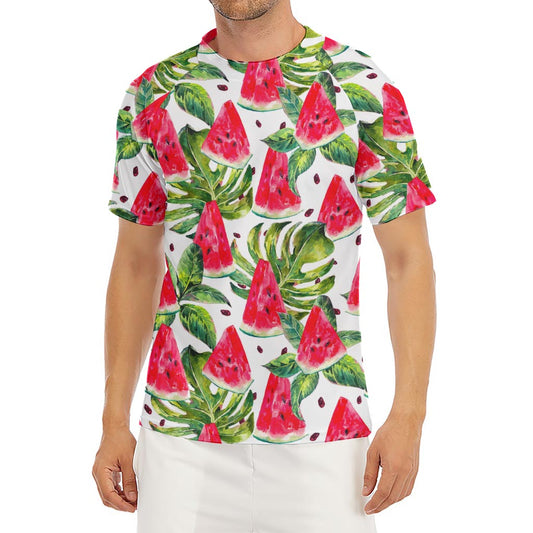 White Tropical Watermelon Pattern Print Men's Short Sleeve Rash Guard