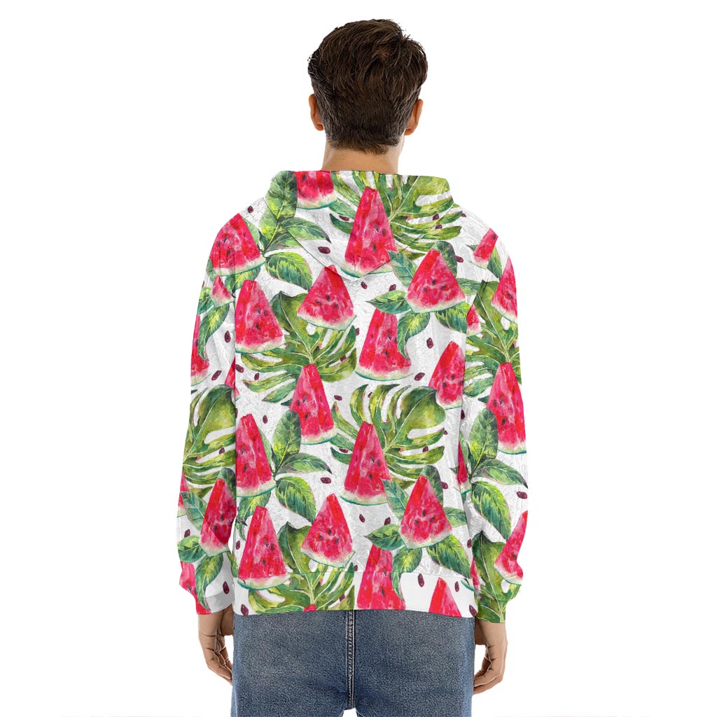 White Tropical Watermelon Pattern Print Men's Velvet Pullover Hoodie
