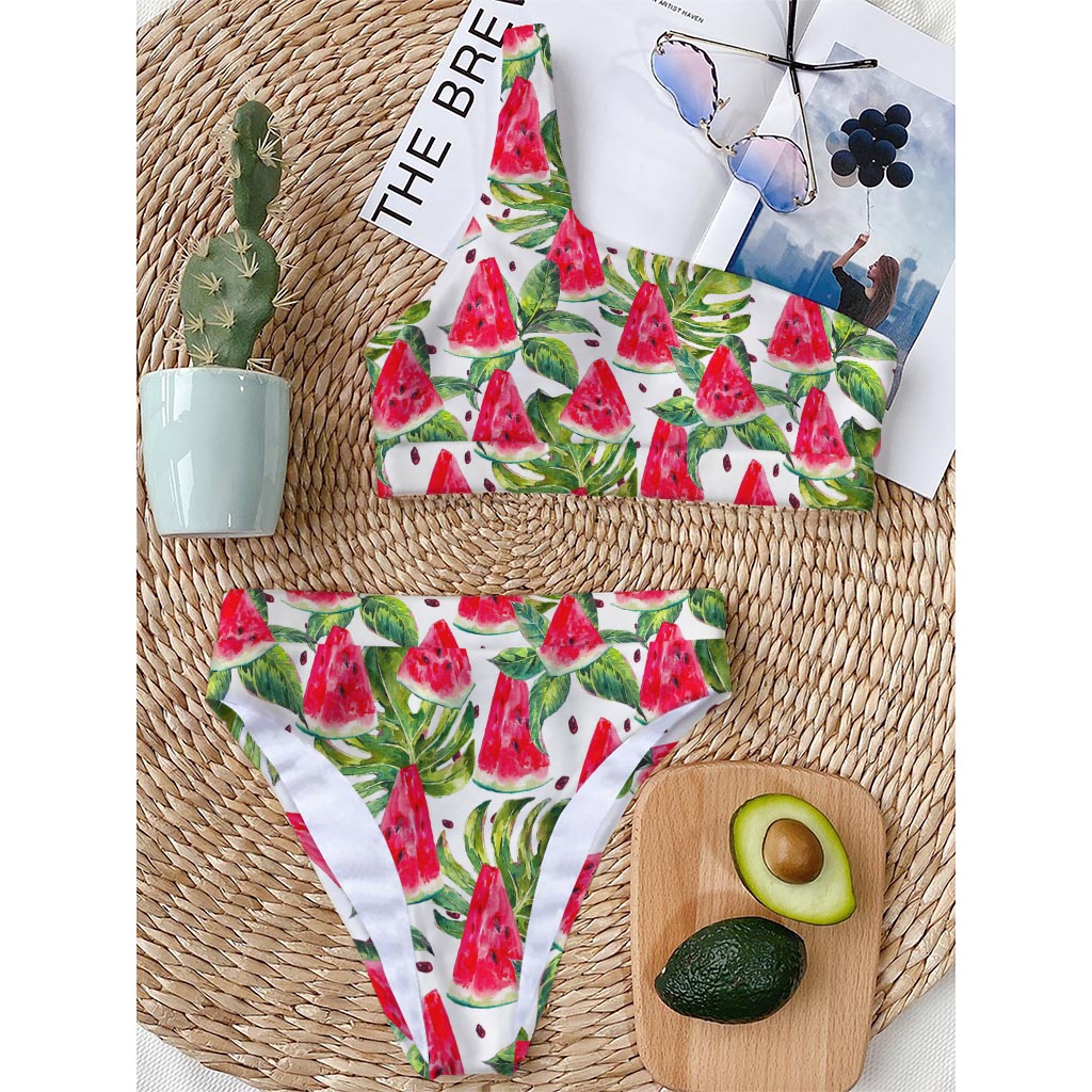 White Tropical Watermelon Pattern Print One Shoulder Bikini Top