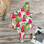 White Tropical Watermelon Pattern Print One Shoulder Bodysuit