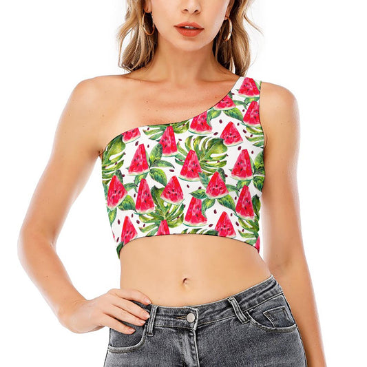 White Tropical Watermelon Pattern Print One Shoulder Crop Top