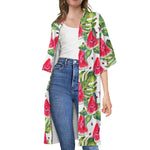 White Tropical Watermelon Pattern Print Open Front Beach Cover Up