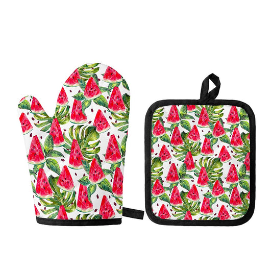 White Tropical Watermelon Pattern Print Oven Mitt And Pot Holder Set