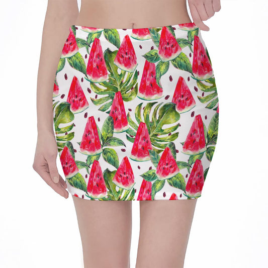 White Tropical Watermelon Pattern Print Pencil Mini Skirt