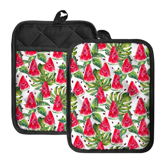 White Tropical Watermelon Pattern Print Pot Holders With Pocket