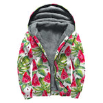 White Tropical Watermelon Pattern Print Sherpa Lined Zip Up Hoodie