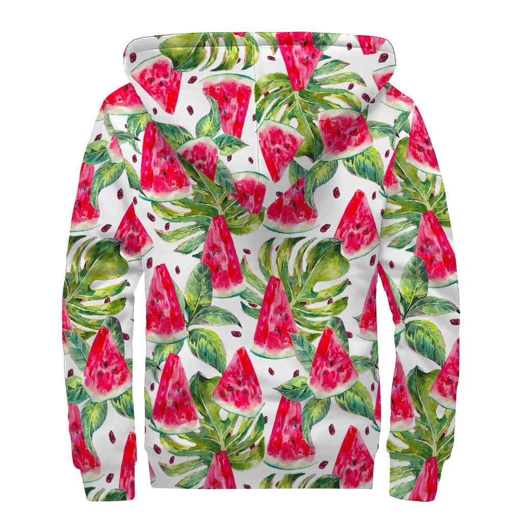 White Tropical Watermelon Pattern Print Sherpa Lined Zip Up Hoodie