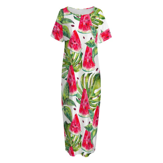 White Tropical Watermelon Pattern Print Short Sleeve Long Nightdress