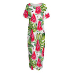 White Tropical Watermelon Pattern Print Short Sleeve Long Nightdress