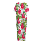 White Tropical Watermelon Pattern Print Short Sleeve Long Nightdress