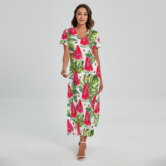 White Tropical Watermelon Pattern Print Short Sleeve Maxi Dress