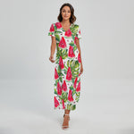 White Tropical Watermelon Pattern Print Short Sleeve Maxi Dress