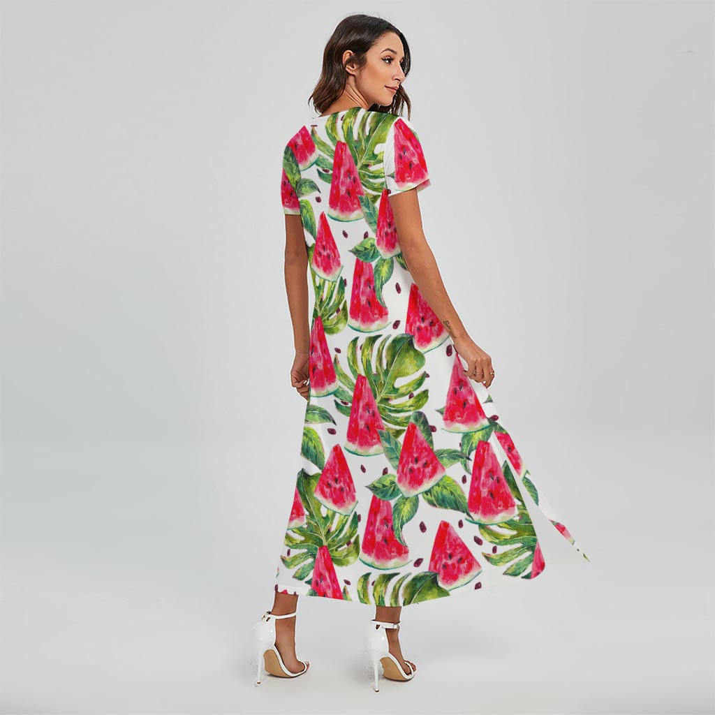 White Tropical Watermelon Pattern Print Short Sleeve Maxi Dress