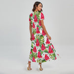 White Tropical Watermelon Pattern Print Short Sleeve Maxi Dress