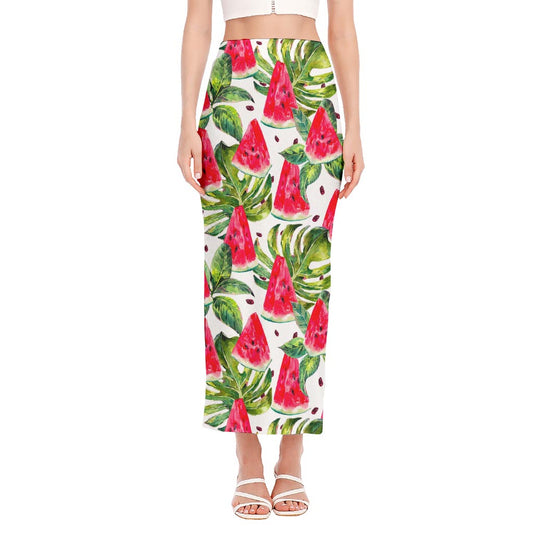 White Tropical Watermelon Pattern Print Side Slit Maxi Skirt