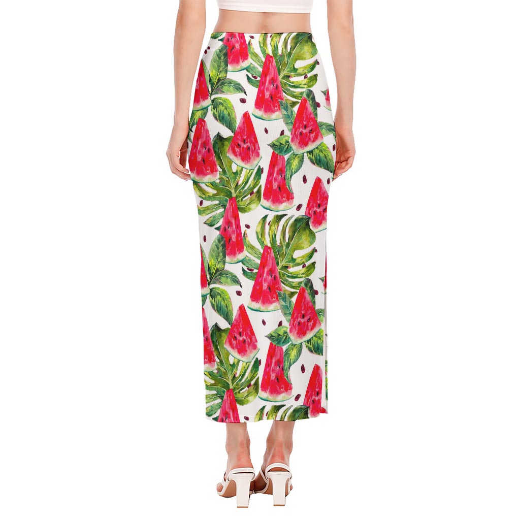 White Tropical Watermelon Pattern Print Side Slit Maxi Skirt