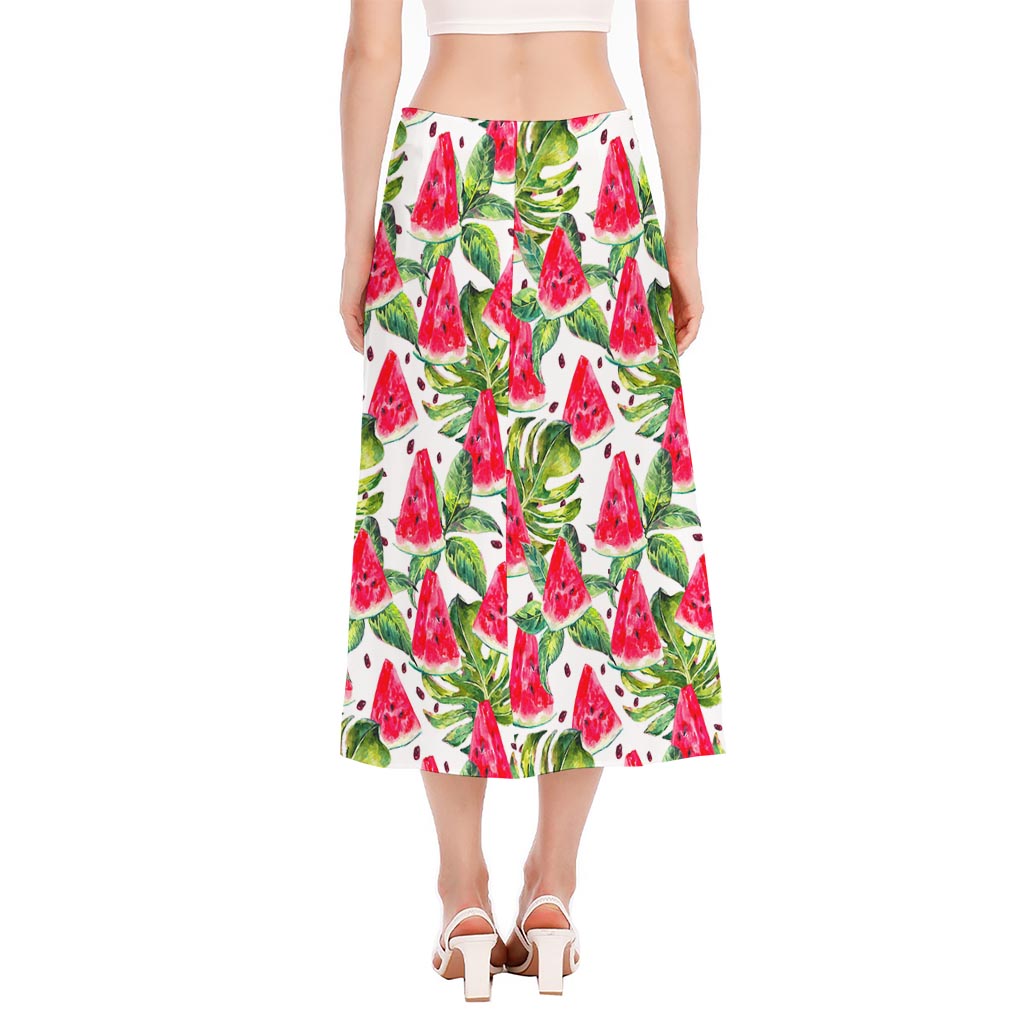 White Tropical Watermelon Pattern Print Side Slit Midi Skirt