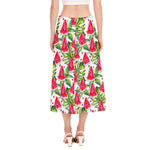 White Tropical Watermelon Pattern Print Side Slit Midi Skirt