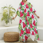 White Tropical Watermelon Pattern Print Silk V-Neck Kaftan Dress